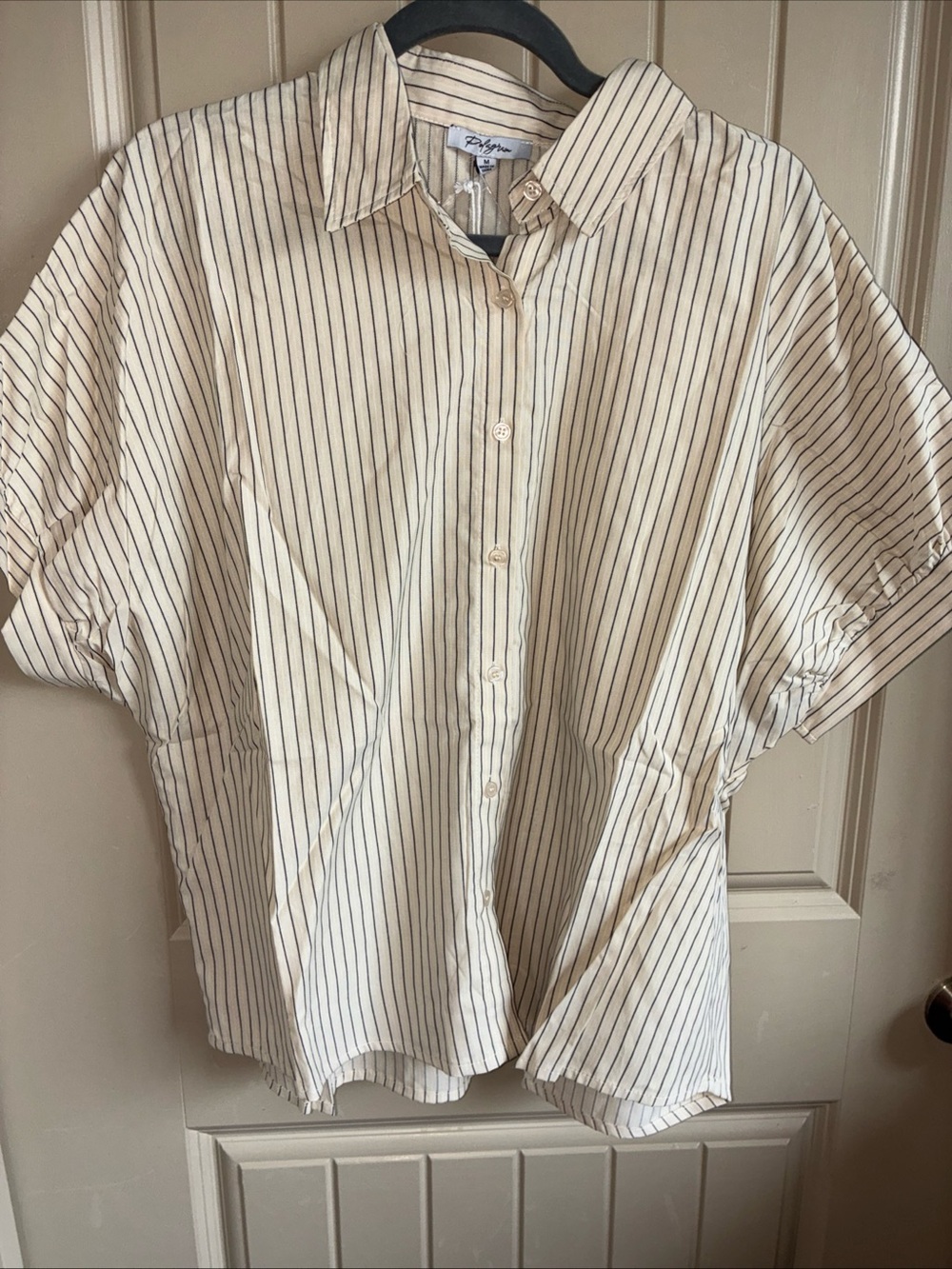 Polagram Cream and Black Striped Short Sleeve Button-Down Shirt